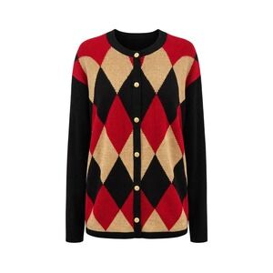 VTG CHRYSANTHEME Women's Argyle Cardigan Sweater Black Red Size 14 16
